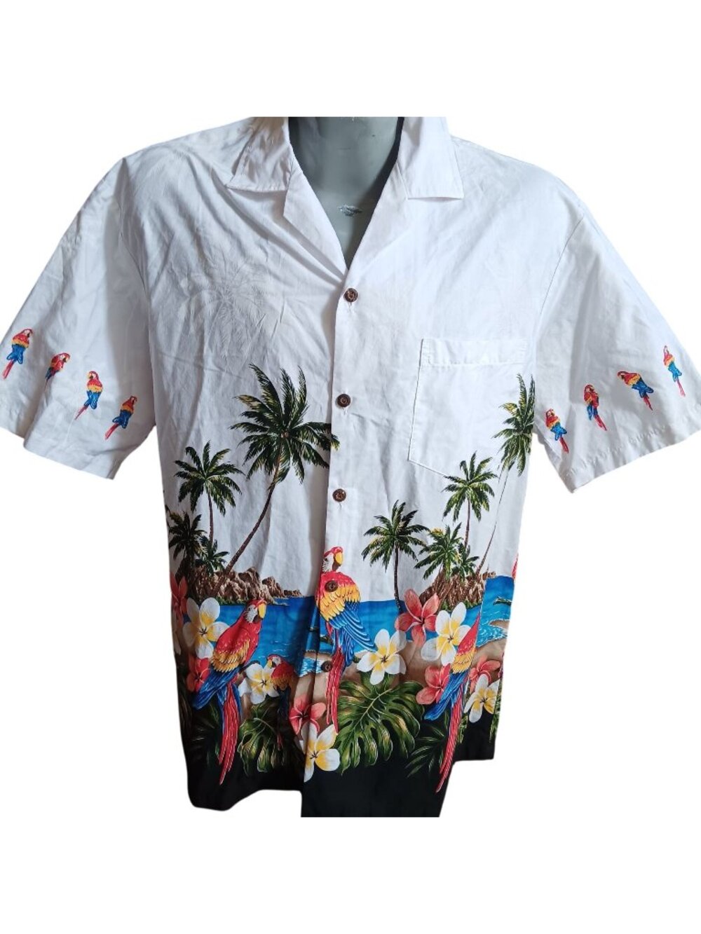 Large Hawaiian Shirt  Pacific Legend Tropical Print Palm Trees Parrots Cotton
